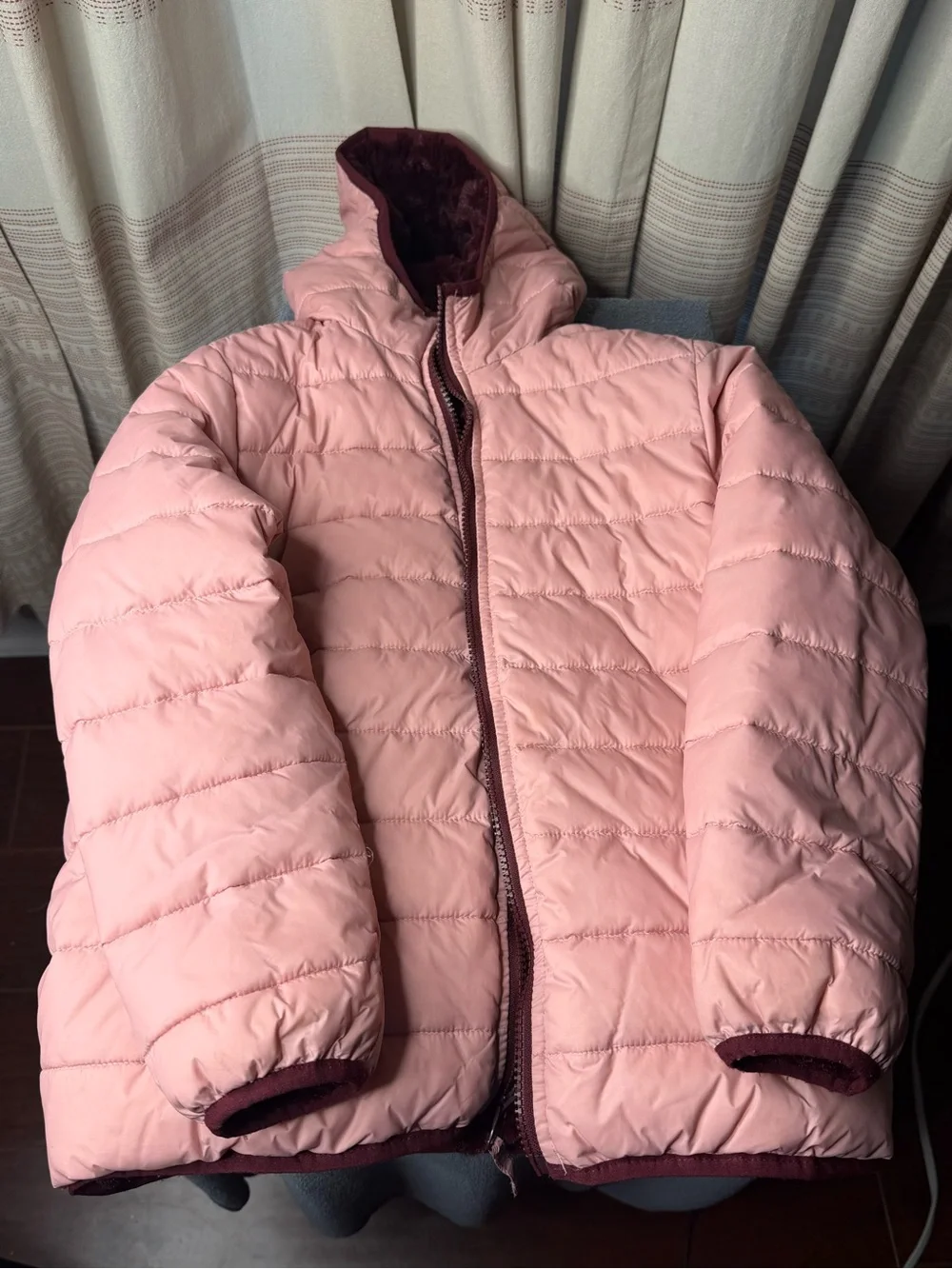 Lands' End Reversible Light Pink Quilted Hooded Puffer with Maroon Trim